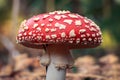 Close-up of a red fly mushroom with a white-spotted mushroom cap, also known as toadstool and is the most popular fungus species,