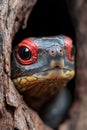 Close-up of red-footed tortoise peeking from tree hollow Royalty Free Stock Photo