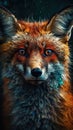 a close up of a red fox\'s face with blue eyes and a black background with a blurry image of the fox\'s head Royalty Free Stock Photo