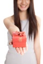 Close up of red gift box in young Asian woman hand Royalty Free Stock Photo