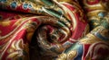 A close up of a red and gold paisley print fabric Royalty Free Stock Photo