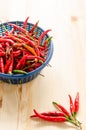 Close up red and green chili in blue plastic basket. Royalty Free Stock Photo