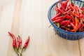 Close up red and green chili in blue plastic basket. Royalty Free Stock Photo