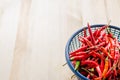 Close up red and green chili in blue plastic basket on wooden Royalty Free Stock Photo
