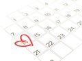 scribble handwriting red heart shaped mark around 14th on february page of calendar isolated on white background Royalty Free Stock Photo