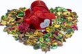 Close up of A red heart metal gift box on colorful dried flowers used as wallpaper Royalty Free Stock Photo