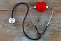 Close up red heart and stethoscope on wood table, world health d