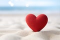 Close up of red heart on white sand background. nature white beach bokeh background Sea water and sky. Generative Ai.