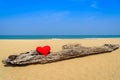 Close up red hearts on ocean beach sand Royalty Free Stock Photo