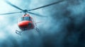 Close-up of a red helicopter flying through thick smoke and fog Royalty Free Stock Photo
