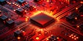 Close-Up of a Red Illuminated Circuit Board with a Black Processor, Microchip, Motherboard, Technology, Electronics