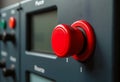 Emergency Stop Button Close-up Shot Showing Industrial Safety Control Equipment with Red Push Button on Dark Background for Royalty Free Stock Photo