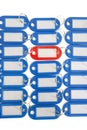 Close-up of red key ring tag surrounded by blue tags