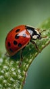 Close up view of a red ladybug with black spots sitting on a green leaf Royalty Free Stock Photo