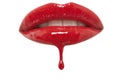 Close-up of red lipgloss dripping from woman's lips over white background