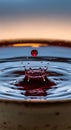 Close up of red liquid drop creating splash on water surface with blurred background Royalty Free Stock Photo