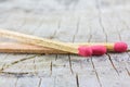 Close up of a red matches on a timber Royalty Free Stock Photo