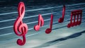 Close up of red music notes with an aquatic blue background Royalty Free Stock Photo