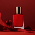 Close up of red nail polish bottle mock up with red background. Luxury styling, manicure, cosmetics