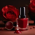 Close up of red nail polish bottle mock up with red roses background. Luxury cosmetics