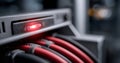 Close-up of red network cables connected to a server with a glowing red status indicator light in a data center environment Royalty Free Stock Photo