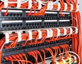 Close up of red network cables connected to switch Royalty Free Stock Photo