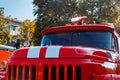 Close-up of red old vintage fire truck. Front view Royalty Free Stock Photo