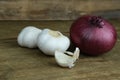 Close-up of red onion, whole onions and cut, garlic, concept of ingredients for cooking, vitamins for health, home herbal medicine