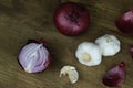 Close-up of red onion, whole onions and cut, garlic, concept of ingredients for cooking, vitamins for health, home herbal medicine