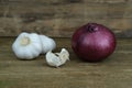 Close-up of red onion, whole onions and cut, garlic, concept of ingredients for cooking, vitamins for health, home herbal medicine