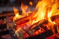 close-up of red and orange flames dancing over firewood Royalty Free Stock Photo