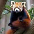 A close-up of a red panda climbing a tree, its fluffy tail trailing behind2 Royalty Free Stock Photo