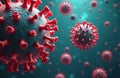 Close-up of red pathogenic virus virion particle under microscope. Generative AI illustration of disease germ, microbes, microbe. Royalty Free Stock Photo
