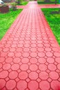 Red pavement concrete block long pattern on floor with green grass on the side background Royalty Free Stock Photo