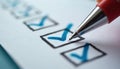 Close-up of red pen marking blue check on checklist. Focus on task completion, organization, and productivity. Paper shows Royalty Free Stock Photo
