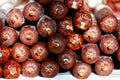 Close up of red pepper dried sausages on farmer market for sale Royalty Free Stock Photo