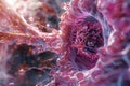 A close up of a red and pink mass of cells The image is of a cell that is infected with a virus