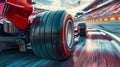 Close-up of red racing car wheel moving on high speed on race track with blurred tribune on background. Concept of Royalty Free Stock Photo