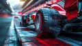 Close-up of red racing car wheel moving on high speed on race track with blurred tribune on background. Concept of Royalty Free Stock Photo