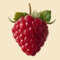A close up of a red raspberry with a leaf on top