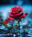 A red rose with water droplets floating on water with dark moody lighting Royalty Free Stock Photo