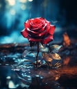 A red rose with water droplets floating on water with dark moody lighting Royalty Free Stock Photo