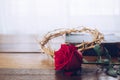 Close up of the red rose with the crown of thorns on an old open bible on wooden table Royalty Free Stock Photo