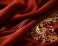 a close up of a red silk fabric with gold embroidery Royalty Free Stock Photo