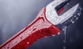 Close-up of a red and silver adjustable wrench covered in water droplets, dripping from the head. Royalty Free Stock Photo