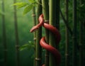 close up of a red snake is climbing up a bamboo tree on bamboo forest Royalty Free Stock Photo