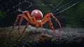 a close up of a red spider on a rock with its web