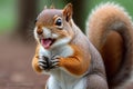 Close up of a red squirrel with open mouth on a blurred background