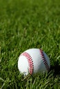A new white baseball laying in the grass.