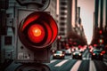 close-up of red traffic light, with the view of busy city street visible in the background Royalty Free Stock Photo